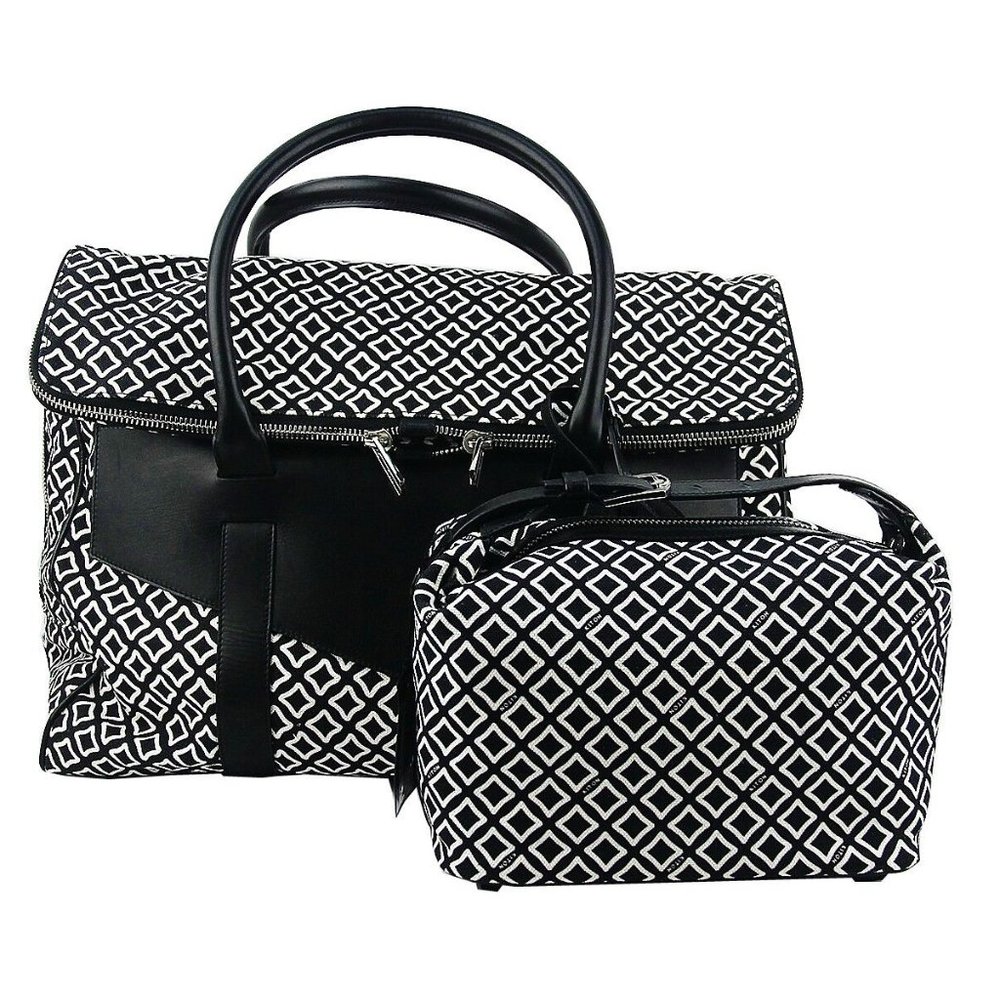 KITON NAPOLI SET OF WEEKEND BAG & ACCESSORIES CASE CANVAS & BLACK LEATHER ITALY